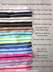 Size 5 Chunky Plastic Moulded Contrasting Teeth CONTINUOUS ZIPPER TAPE ONLY in 12 Colours.