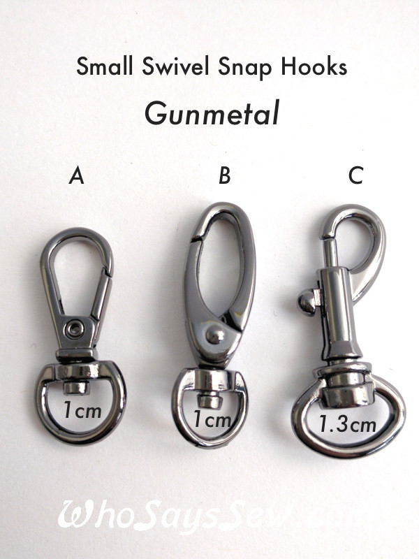 2x Small Swivel Snap Hooks in Gunmetal. 1cm (3/8") or 1.3cm (1/2"). Nickel Free Who Says Sew