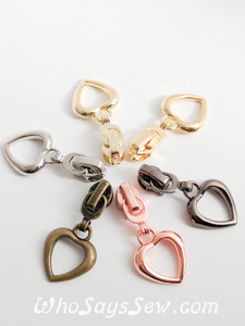  (#3) 4x ZIPPER SLIDERS/PULLS for Continuous SIZE 3 Nylon Chain Zipper- Heart-Shaped. 6 Finishes. Nickel Free.