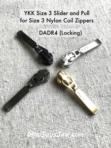 (#3) 4x YKK "DADR4" AUTO-LOCK ZIPPER SLIDERS/PULLS for Continuous Nylon Chain Zipper, Matte Silver, Gold, Antique Brass or Gunmetal. Size 3. Nickel free.
