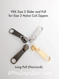 (#3) 4x YKK LONG PULL NON-LOCK ZIPPER SLIDERS/PULLS for Continuous Nylon Chain Zipper in 4 MATTE Finishes- Silver, Gold, Antique Brass OR Gunmetal. Nickel free.