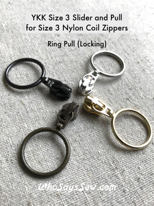 (#3) 4x YKK 2cm RING AUTO-LOCK ZIPPER SLIDERS/PULLS for Continuous Nylon Chain Zipper, Silver, Gold, Antique Brass, Gunmetal.  ALL MATTE. Size 3. Nickel free.