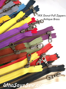 20cm/25cm/30cm (8"/10"/12")YKK Closed-Ended Antique Brass Metal Zipper with Donut Pull. Nickel Free