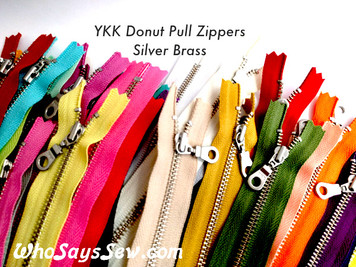 *CHOOSE 20 ZIPPERS IN 5 COLOURS* 20cm/25cm/30cm (8"/10"/12") YKK Closed-Ended Silver Brass Metal Zipper with Donut Pull. Nickel Free