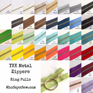 *CHOOSE 20 ZIPPERS IN 5 COLOURS* 30cm (12") YKK Closed-Ended Golden Brass Metal Zippers with Ring Pulls. Nickel Free