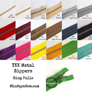 *CHOOSE 20 ZIPPERS IN 5 COLOURS* 30cm (12") YKK Closed-Ended Antique Brass Metal Zippers with Ring Pulls. Nickel Free