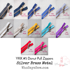 *CHOOSE 12 ZIPPERS IN 4 COLOURS* 60CM/23.6" YKK CLOSED-ENDED SILVER BRASS METAL ZIPPER WITH DONUT PULL, SIZE 5. 13 COLOURS