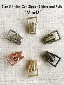 (#5) *Size 5* 4 ZIPPER SLIDERS/PULLS for Continuous SIZE 5 Nylon Chain Zipper- "Mini-D". 6 Finishes. Nickel Free.