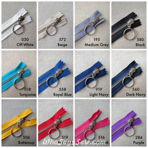 *CHOOSE 12 ZIPPERS IN 4 COLOURS* YKK Closed-Ended Silver Brass Metal Zipper with RING Pull, Size 5, 60cm. 12 Colours