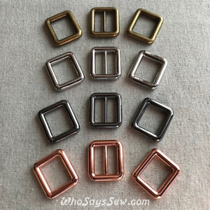 1.9cm (3/4") ALLOY RECTANGLE RINGS AND SLIDER(TRI-GLIDES). 4 NICKEL FREE FINISHES IN ROSE GOLD, SILVER, GUNMETAL, ANTIQUE BRASS