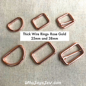 3.8cm (1 1/2") Thick Wire Chunky Metal D-Rings, Rectangle Rings OR Adjustable Sliders in Shiny Rose Gold. Nickel Free.