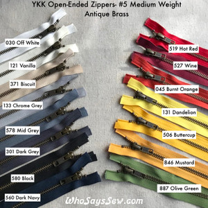 YKK Size 5 Separating/Open-Ended Zipper with ANTIQUE Brass Metal Teeth. Medium Weight for Jackets. 15 Tape Colours.  25CM (10") TO 70CM (27.6")