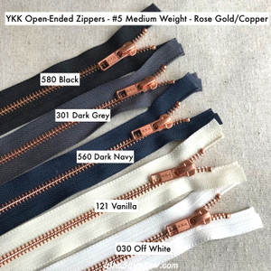 YKK Size 5 Separating/Open-Ended Zipper with Matte Rose Gold/Copper Metal Teeth. Medium Weight for Jackets. 5 Tape Colours. 25cm (10") to 70cm (27.6")