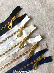 BULK LOT of 10 Zippers x 10cm/12cm/15cm/18cm(4"/4.7"/6"/7") YKK Closed-Ended Golden Brass Metal Zipper with Donut Pull.