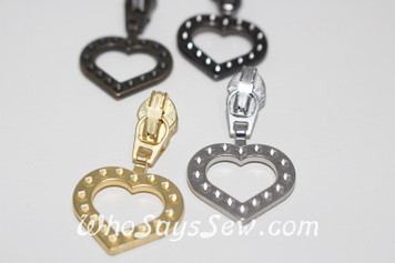 (#3) 4x YKK HEART SHAPED ZIPPER SLIDERS/PULLS for Continuous Nylon Chain Zipper in 4 MATTE Finishes- Silver, Gold, Antique Brass OR Gunmetal. Nickel free.