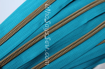 (#5) *SIZE 5* Zipper Tape Only- 1m Antique Brass  Metallic Nylon Chain/Continuous Zip on Dark Teal TAPE