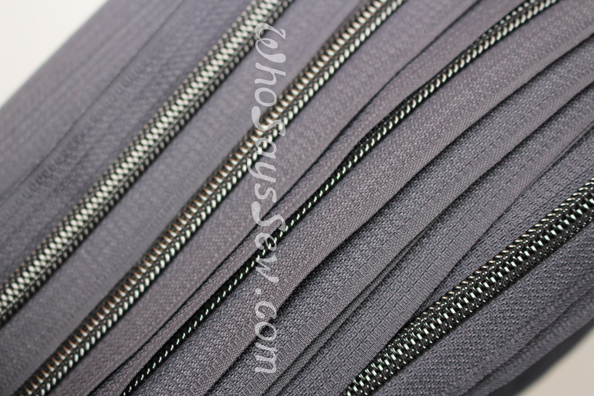 (5) *SIZE 5* Zipper Tape Only 1m Gunmetal Metallic Nylon Chain/Continuous Zip on Dark Grey