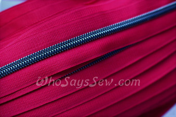 (#5) *SIZE 5* Zipper Tape Only- 1m Gunmetal  Metallic Nylon Chain/Continuous Zip on Cranberry TAPE