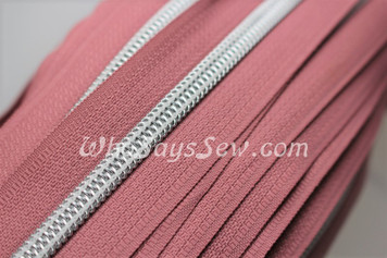 (#5) *SIZE 5* Zipper Tape Only- 1m Silver Metallic Nylon Chain/Continuous Zip on Dusty Rose TAPE