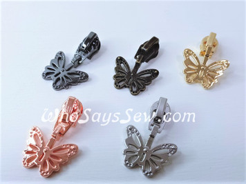 (#3) 4x ZIPPER SLIDERS/PULLS for Continuous SIZE 3 Nylon Chain Zipper- Butterfly. 5 Finishes. Nickel Free.