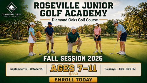 Roseville Junior Golf Academy Fall Session 2026 at Diamond Oaks Golf Course for ages 7–11.