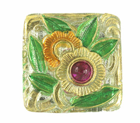 Yellow Flower Hand Painted Vintage Czech Glass Button, Square Button, Shank Button - 25mm - 1 inch