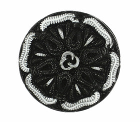 Black Flower Hand Painted Vintage Czech Glass Button, Shank Button - 27mm - 1 1/16 inch