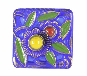 Colorful Flower Hand Painted Vintage Czech Glass Button , Square Button, Blue Button - 25mm - 1 inch