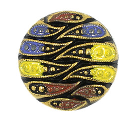 Trichromatic Paisley Hand Painted Vintage Czech Glass Button, Shank Button - 27mm - 1 1/16 inch