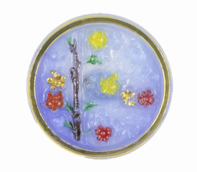 Hand Painted Colorful Plum Flowers Blue Vintage Czech Glass Button, Shank Button - 27mm - 1 1/16 inch
