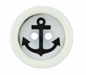 White Polyester Buttons with Black Anchor Pattern - 20mm - 3/4 inch