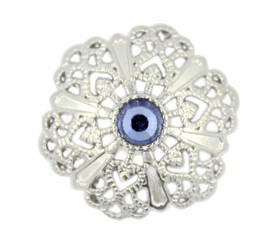 Blue Crystal Silver Gothic Flower Art Filigree Metal Shank Buttons - 23mm - 7/8 inch