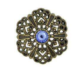 Blue Crystal Antique Brass Gothic Flower Art Filigree Metal Shank Buttons - 23mm - 7/8 inch