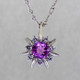 This beautiful pendant twinkles just like the stars at night. Our Starflake(tm) Sapphire and Diamond pendant is made in 14 karat White Gold, set with a mesmerizing 1.01ct. round Pink Sapphire, surrounded by .21ct. T.W. Ideal cut Diamonds. Includes a 14 karat White Gold twisted link chain, 18 inches long. Pendant measures 1/2 inch long.

Designed, and created in our studio by the artist Stuart J.