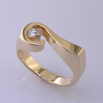 Sweet, simple, modern diamond ring. Strong, yet feminine, and crafted in solid 14 karat Yellow Gold with a sparkling .12ct. Ideal cut Diamond, seemingly floating in space.
Size 6 1/2, and can be sized up or down about 1.5 sizes. We can also make this diamond ring in any karat or color of gold, and in platinum, and with any gemstone. Please allow 2 weeks for us to make it Perfectly You. It will be worth it! Measures 1/4" wide.

Designed, and created in our studio by the artist Stuart J.