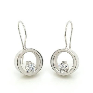 These earrings are truly timeless. Beautiful circles with floating Diamonds at the bottom. 14 karat White Gold, with .50ct T.W. Ideal cut lab grown Diamonds hanging on wires. Measure 1" long.

Designed and handmade by the artist Stuart J.