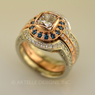 Ladies rose gold halo diamond engagement ring and wedding band- wed 295