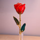 Real semi-opened rose, with petals dipped in rich red lacquer and trimmed in 24kt gold. Stem is approximately 12" long and is heavy gold plated. Each rose is elegantly wrapped in gold tissue and packaged in a gold, two-piece outer box. Price includes the vase, and regular shipping.