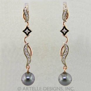 Ear 64b- These beautiful custom designed diamond earrings made in yellow and rose gold are breathtaking. On the bottom are dangling 9.5mm grey black tahitian pearls. Simply elegant!
