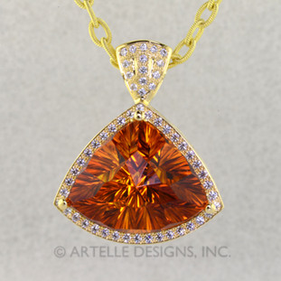 Pend 255b- For a special anniversary, and a special birthday, this lucky woman received this spectacular custom designed 16 carat Sunburst Madiera Citrine pendant, highlighted with a row of ideal cut diamonds in 18 Karat Yellow gold.