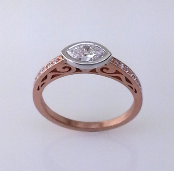 Using sophisticated techniques, this mesmerizing diamond engagement ring is designed to thrill and inspire. Hand crafted in 18 karat rose gold, and set with .07ct. total weight of brilliant cut diamonds. A stunning .45ct. marquise diamond takes center stage in this stylish engagement ring. This design blends contemporary and classical, for an understated yet sophisticated look. Shown with available matching wedding ring sold separately Here.
Designed by the acclaimed artist Alishan in his California studio. All designs can be made any way you like, with any gemstones you like.