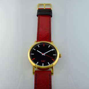   Here is time in full color. This Taki watch is fun, fun, fun! Fresh design, fresh color palette, all leather strap, a Japanese movement, and stainless steel bezels. Face measures 1 3/4 inches.  Clean simple designs with so many fun colors, it will make you happy every time you wear it. And at a very affordable price
