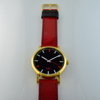   Here is time in full color. This Taki watch is fun, fun, fun! Fresh design, fresh color palette, all leather strap, a Japanese movement, and stainless steel bezels. Face measures 1 3/4 inches.  Clean simple designs with so many fun colors, it will make you happy every time you wear it. And at a very affordable price
