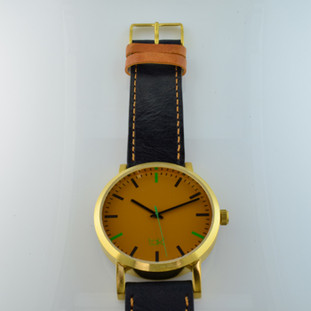 Here is time in full color. This Taki watch is fun, fun, fun! Fresh design, fresh color palette, all leather strap, a Japanese movement, and stainless steel bezels. Face measures 1 3/4 inches.  Clean simple designs with so many fun colors, it will make you happy every time you wear it. And at a very affordable price