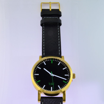 Here is time in full color. This Taki watch is fun, fun, fun! Fresh design, fresh color palette, all leather strap, a Japanese movement, and stainless steel bezels. Face measures 1 3/4 inches.  Clean simple designs with so many fun colors, it will make you happy every time you wear it. And at a very affordable price