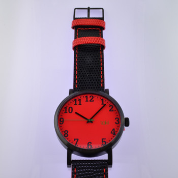 Here is time in full color. This Taki watch is fun, fun, fun! Fresh design, fresh color palette, all leather strap, a Japanese movement, and stainless steel bezels. Face measures 2 inches.  Clean simple designs with so many fun colors, it will make you happy every time you wear it. And at a very affordable price