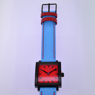 Here is time in full color. This Taki watch is fun, fun, fun! Fresh design, fresh color palette, all leather strap, a Japanese movement, and stainless steel bezels. Face measures 1 inch square.  Clean simple designs with so many fun colors, it will make you happy every time you wear it. And at a very affordable price