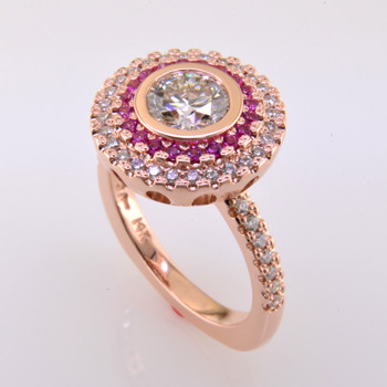 WED-371- Spectacular custom designed  14 karat rose gold diamond and pink sapphire double halo engagement ring with 1.20ct. created round brilliant diamond.  WOW!