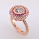 WED-371- Spectacular custom designed  14 karat rose gold diamond and pink sapphire double halo engagement ring with 1.20ct. created round brilliant diamond.  WOW!