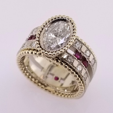 WED-398- Custom designed ring using our customers diamonds, rubies, and gold from old jewelry! 